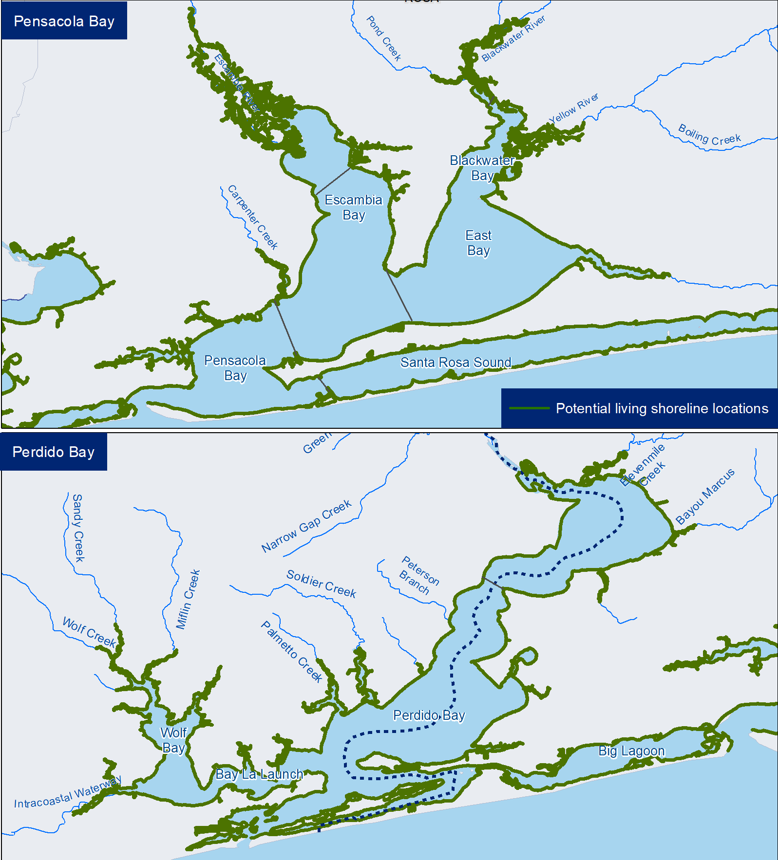 Maps of Pensacola and Perdido Bays outlining elibile shoreline locations