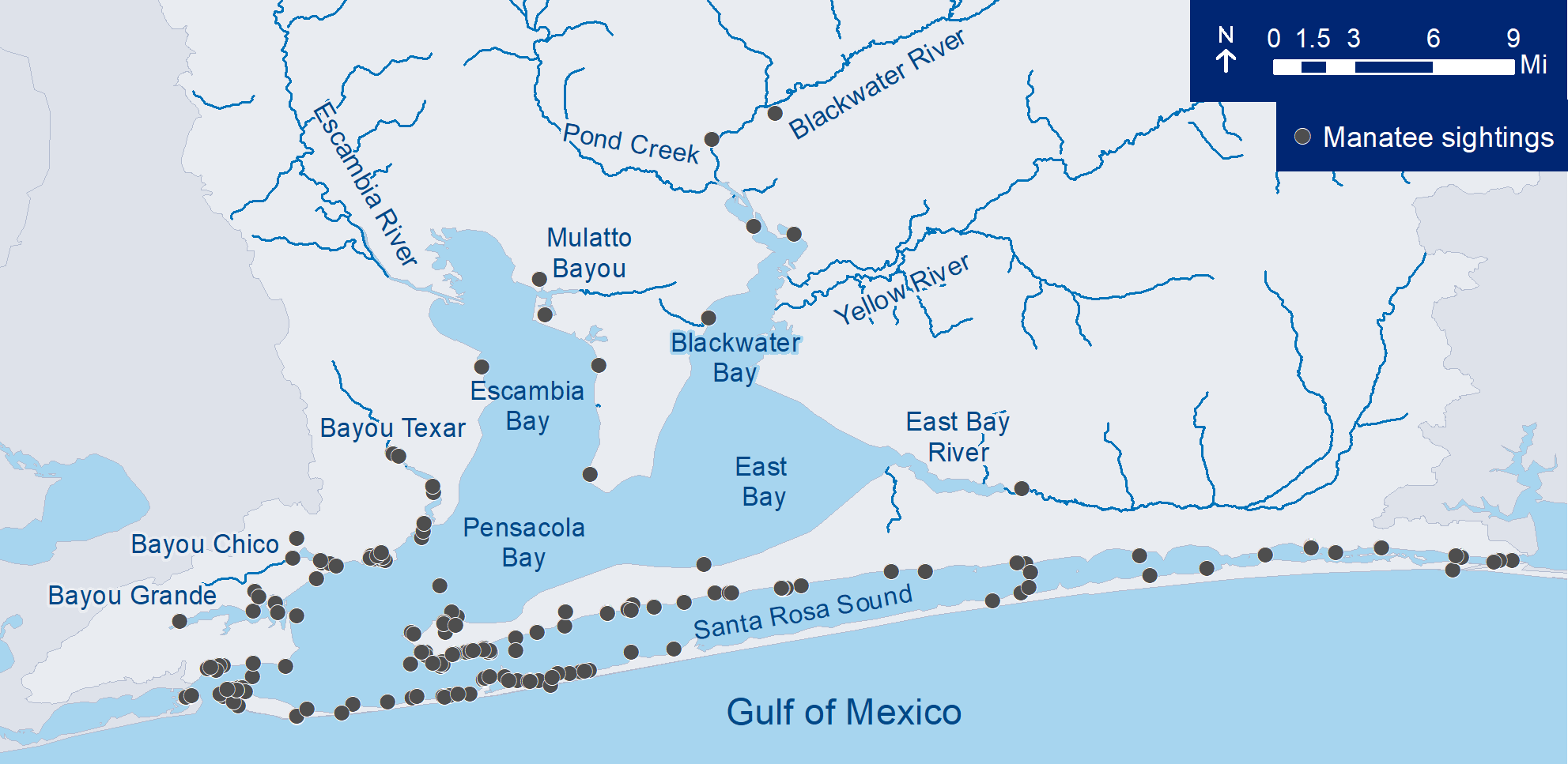 Map of Manatee Sightings in Pensacola Bay Watershed