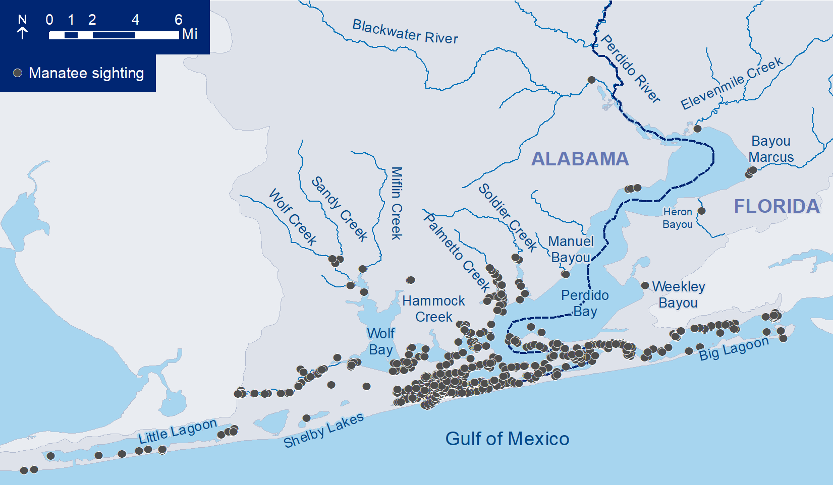 Map of Manatee Sightings in Perdido Bay Watershed