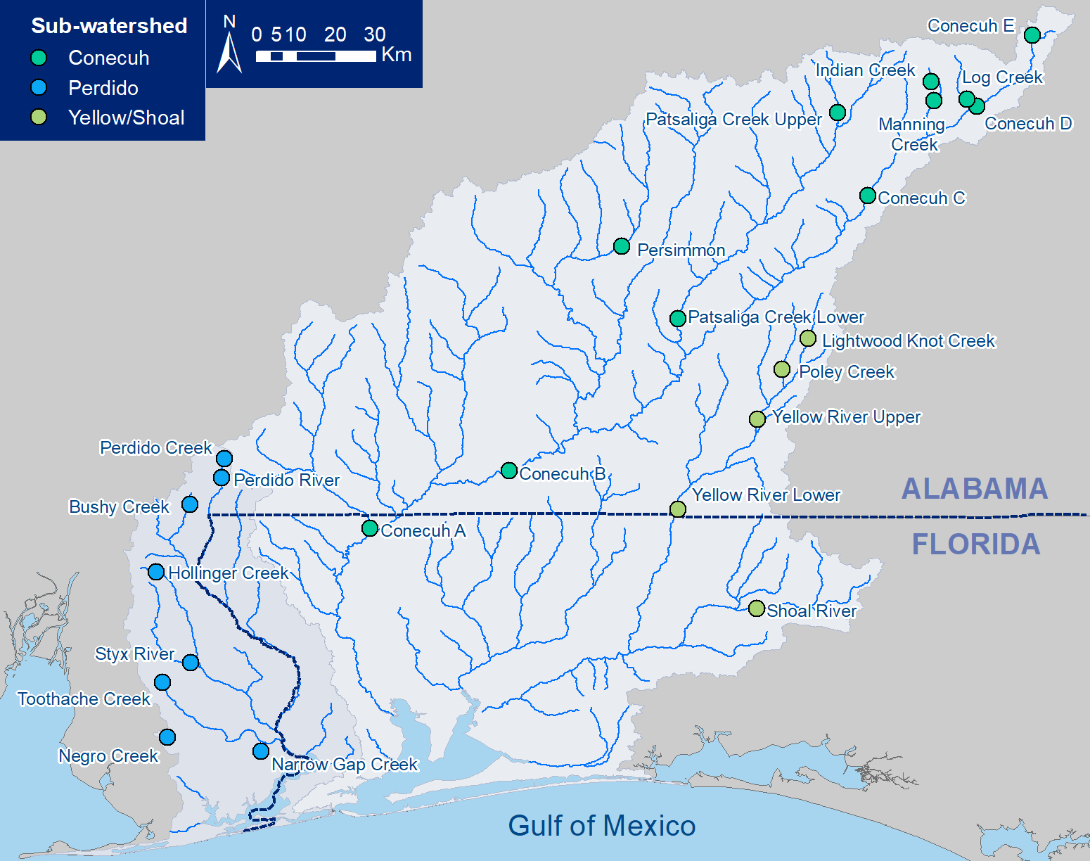 Map of monitoring locations across Alabama and Florida 