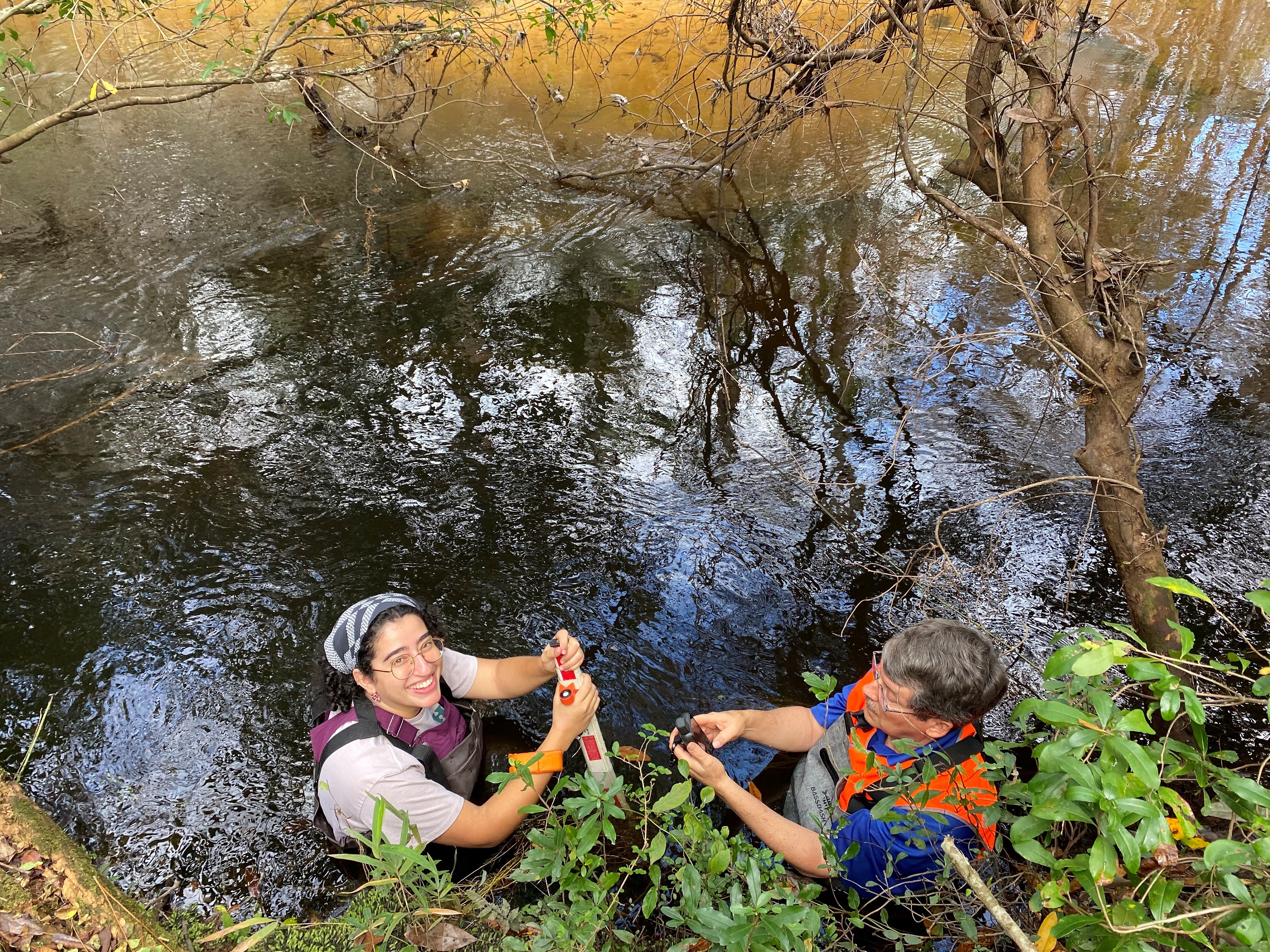 Reasearchers in creek measuring bank profile