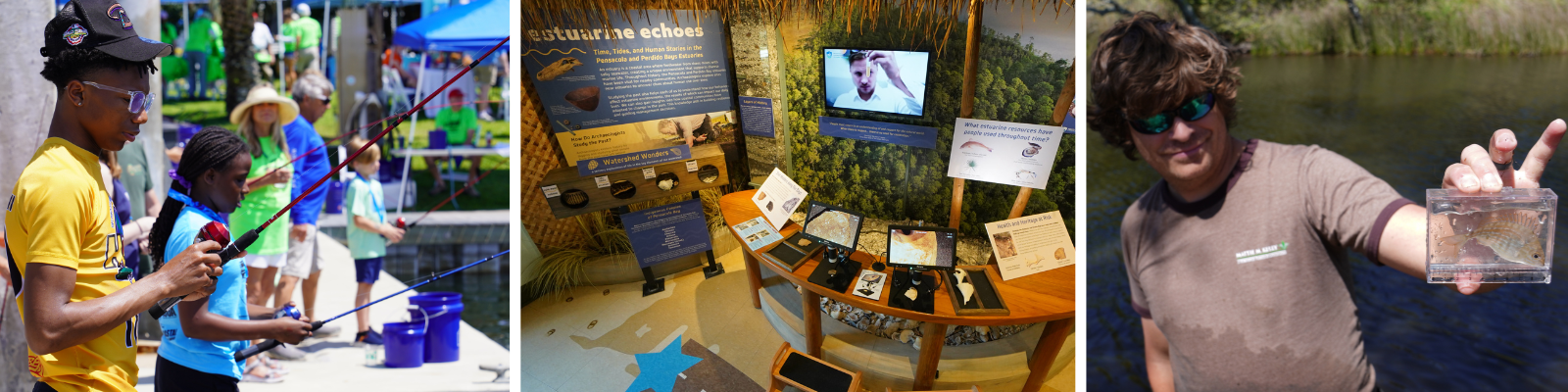 Three panels of photos showing kids fishing, researcher holding fish, and estuary exhibit